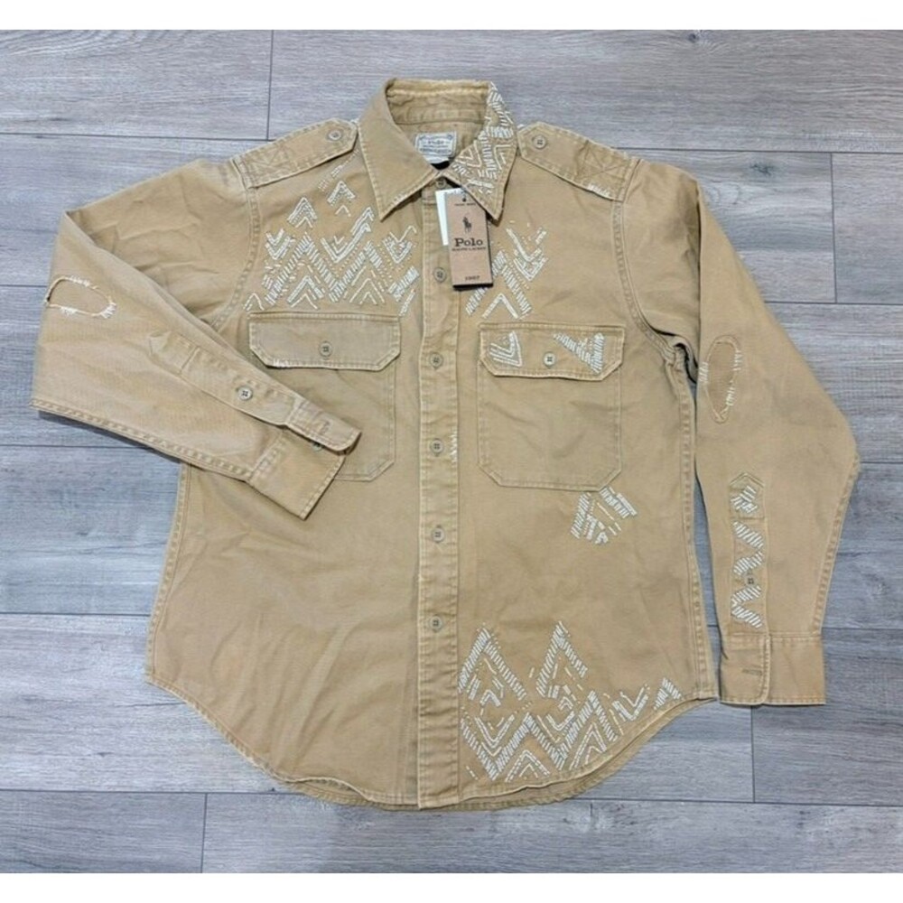 Polo Ralph Lauren Womens S Khaki Beaded Geometric Button-Up Western Over Shirt